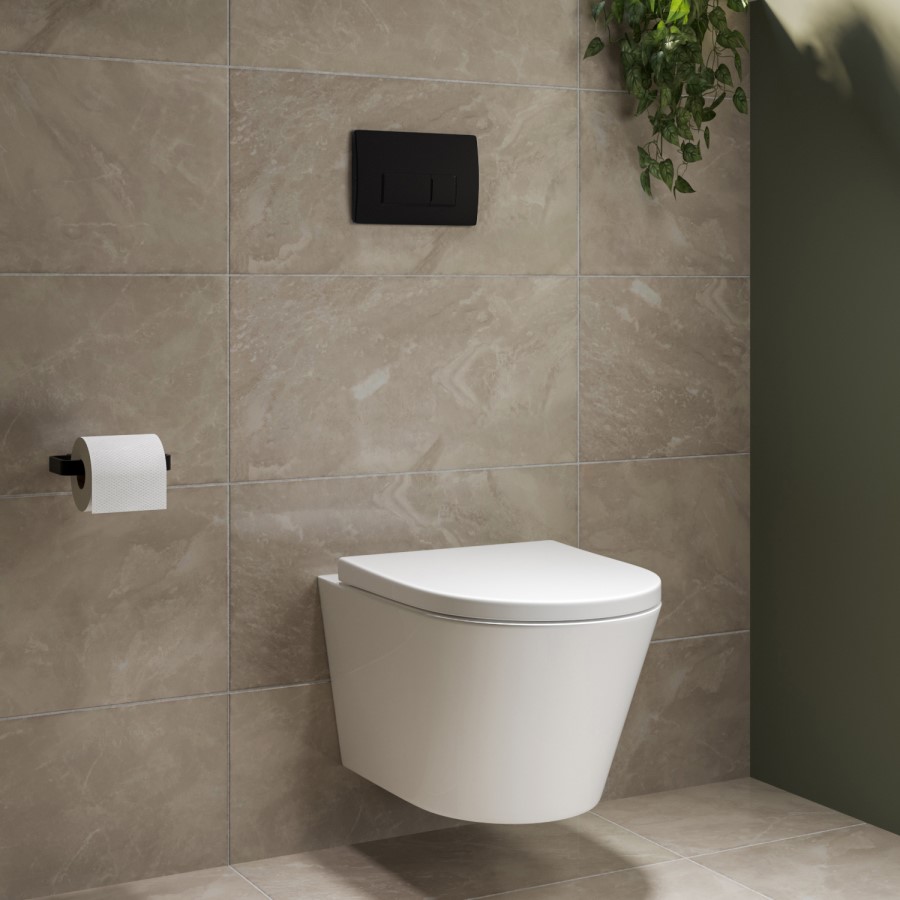 Wall Hung Rimless Toilet with Soft Close Seat, Matt Black Pneumatic Flush Plate, 820mm Frame & Cistern – Newport