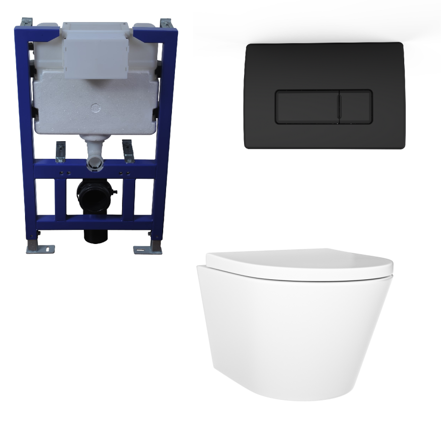 Wall Hung Rimless Toilet with Soft Close Seat, Matt Black Pneumatic Flush Plate, 820mm Frame & Cistern – Newport