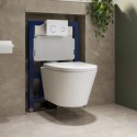 BUN/BeBa_28418/88929 Wall Hung Rimless Toilet with Soft Close Seat, White Glass Sensor Flush Plate, 820mm Frame & Cistern – Newport