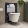 Wall Hung Rimless Toilet with Soft Close Seat, White Glass Sensor Flush Plate, 820mm Frame & Cistern – Newport