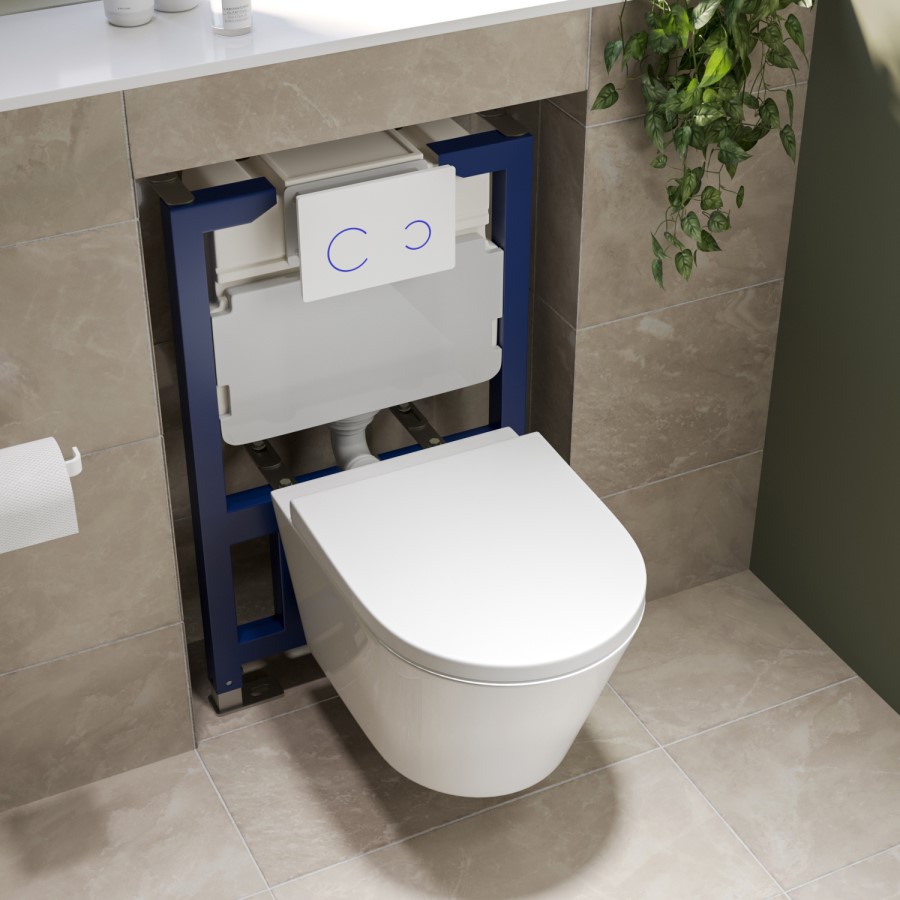 Wall Hung Rimless Toilet with Soft Close Seat, White Glass Sensor Flush Plate, 820mm Frame & Cistern – Newport