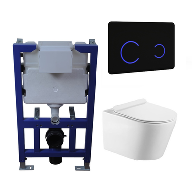 Wall Hung Toilet with Soft Close Seat Black Glass Sensor Pneumatic Flush Plate 820mm Frame & Cistern - Newport