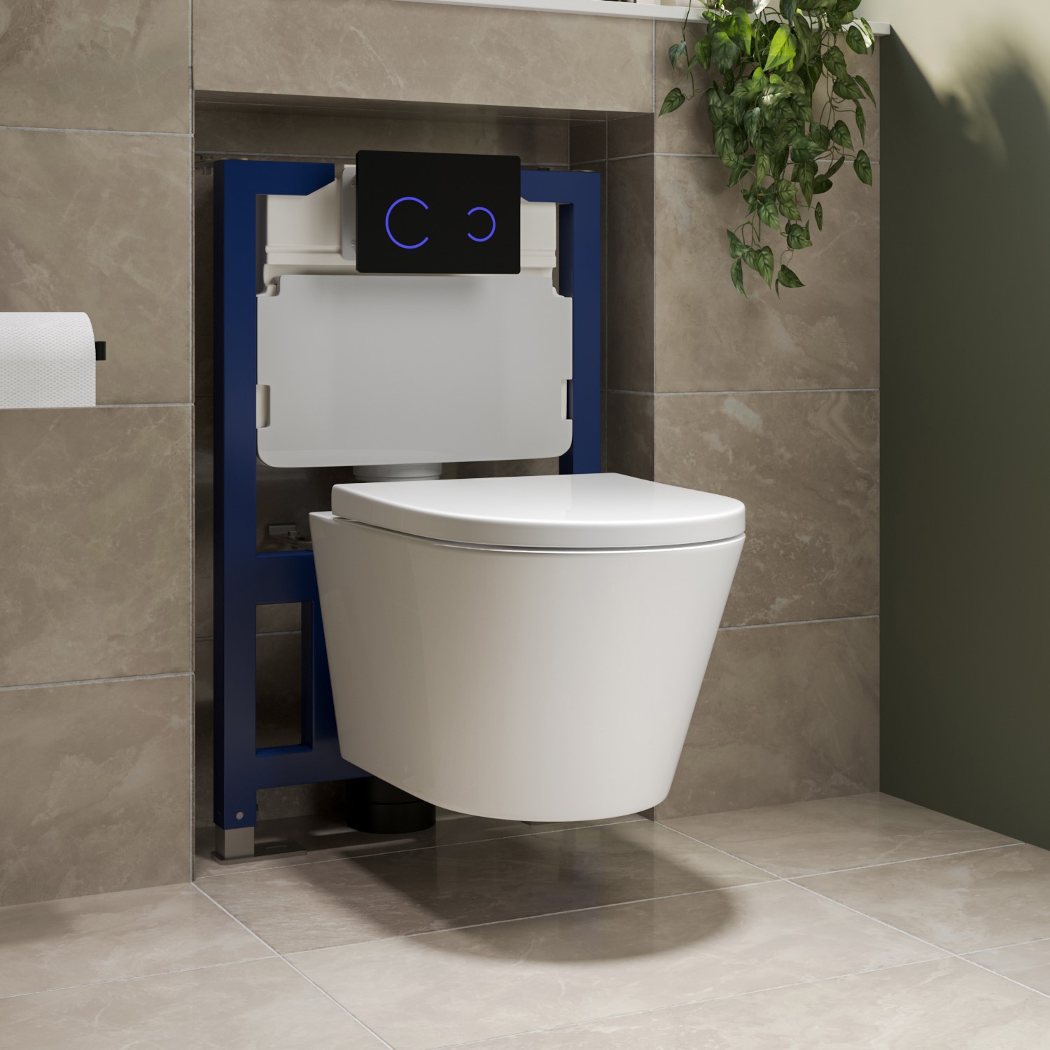Newport White Wall Hung Rimless Toilet With Soft Close Seat Black Glass Sensor Flush Plate 820Mm Frame & Cistern