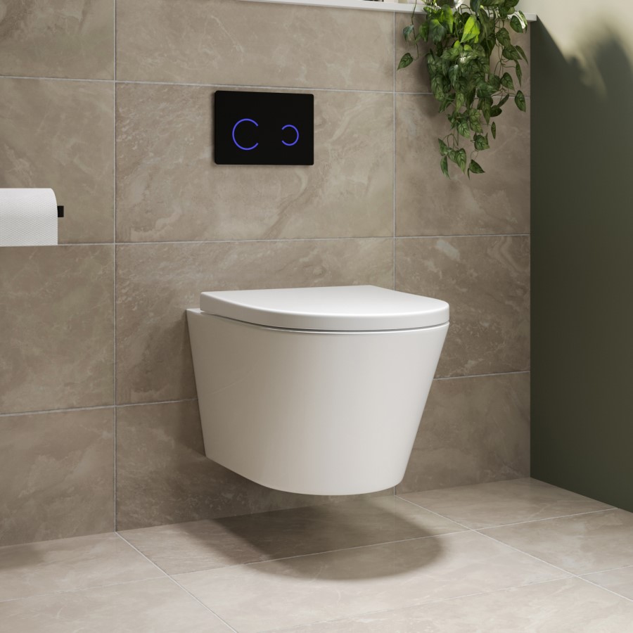 Wall Hung Rimless Toilet with Soft Close Seat, Black Glass Sensor Flush Plate, 820mm Frame & Cistern – Newport