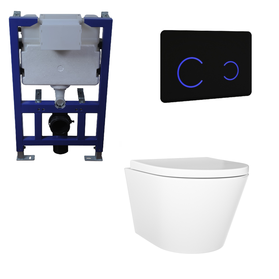 Wall Hung Rimless Toilet with Soft Close Seat, Black Glass Sensor Flush Plate, 820mm Frame & Cistern – Newport