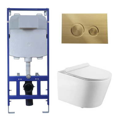Wall Hung Toilet with Soft Close Seat Brushed Brass Mechanical Flush Plate with 1160mm Frame & Cistern - Newport