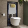 Wall Hung Rimless Toilet with Soft Close Seat, Brushed Brass Mechanical Flush Plate, 1168mm Frame & Cistern – Newport