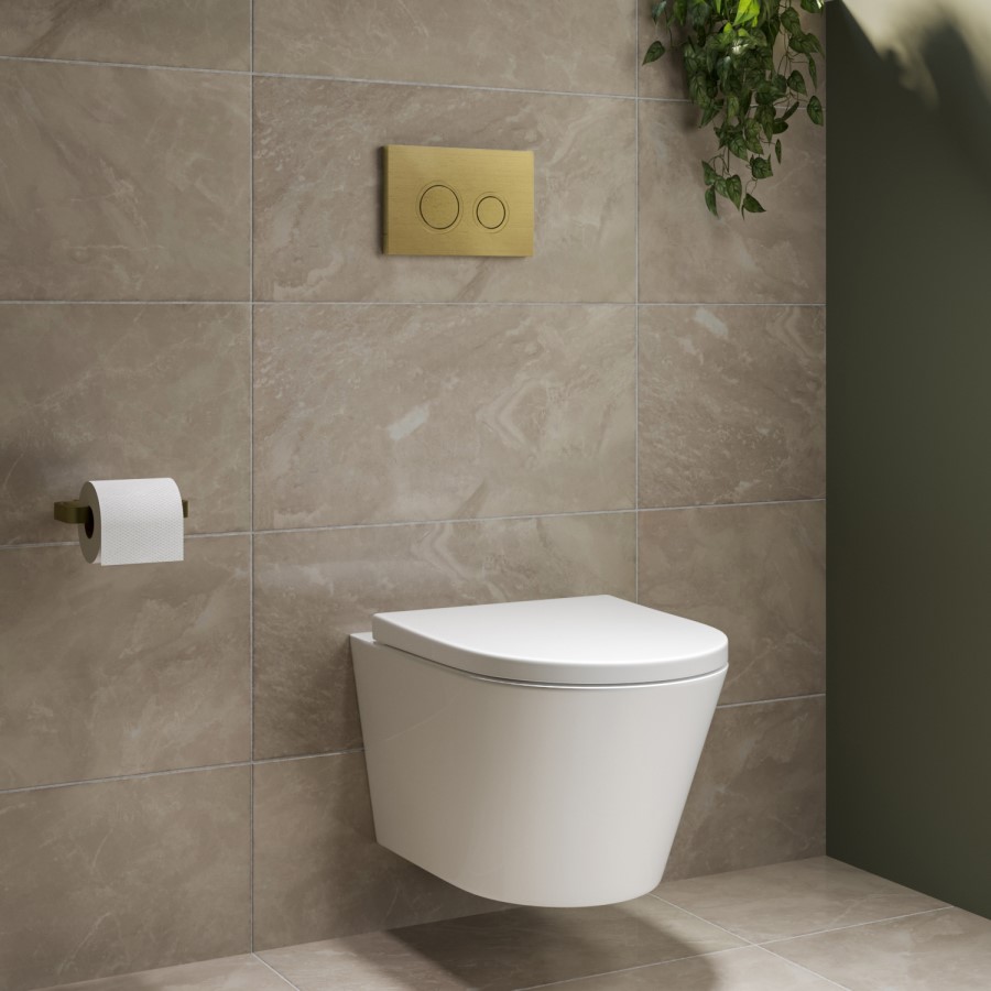 Wall Hung Rimless Toilet with Soft Close Seat, Brushed Brass Mechanical Flush Plate, 1168mm Frame & Cistern – Newport
