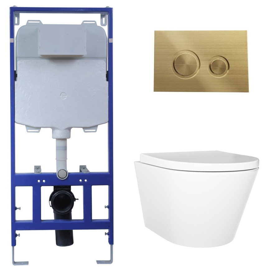 Wall Hung Rimless Toilet with Soft Close Seat, Brushed Brass Mechanical Flush Plate, 1168mm Frame & Cistern – Newport