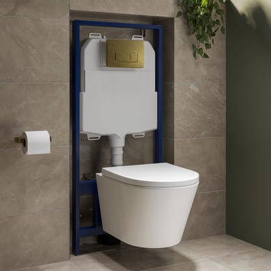 Wall Hung Toilet with Soft Close Seat Brushed Brass Pneumatic Flush Plate 1170mm Frame & Cistern - Newport