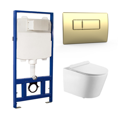 Wall Hung Toilet with Soft Close Seat Brushed Brass Pneumatic Flush Plate 1170mm Frame & Cistern - Newport