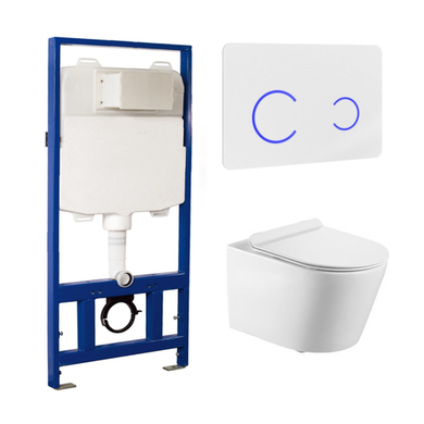 Wall Hung Toilet with Soft Close Seat White Glass Sensor Pneumatic Flush Plate 1170mm Frame & Cistern - Newport