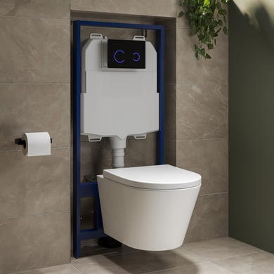 Wall Hung Toilet with Soft Close Seat Black Glass Sensor Pneumatic Flush Plate 1170mm Frame & Cistern - Newport