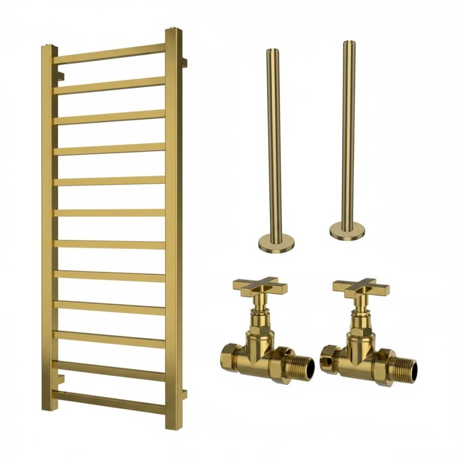 Brass Heated Towel Rail Radiator 1200 x 500mm with Pipe Kit and Cross Valves - Sonoran