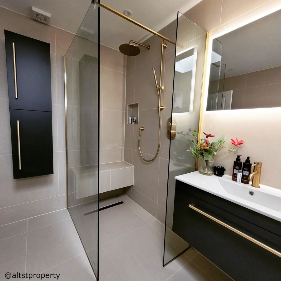 1200mm Brushed Brass Frameless Wet Room Shower Screen - Corvus