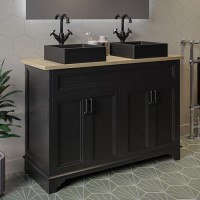 1200mm Black Freestanding Double Vanity Unit With Wood Worktop and Black Square Basins -Camden 1200mm Black Freestanding Double Vanity Unit With Wood Worktop and Black Square Basins -Camden