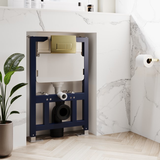 Concealed Cistern 820mm Wall Hung Toilet Frame with Pneumatic Flush Plate in Brushed Brass - Elira