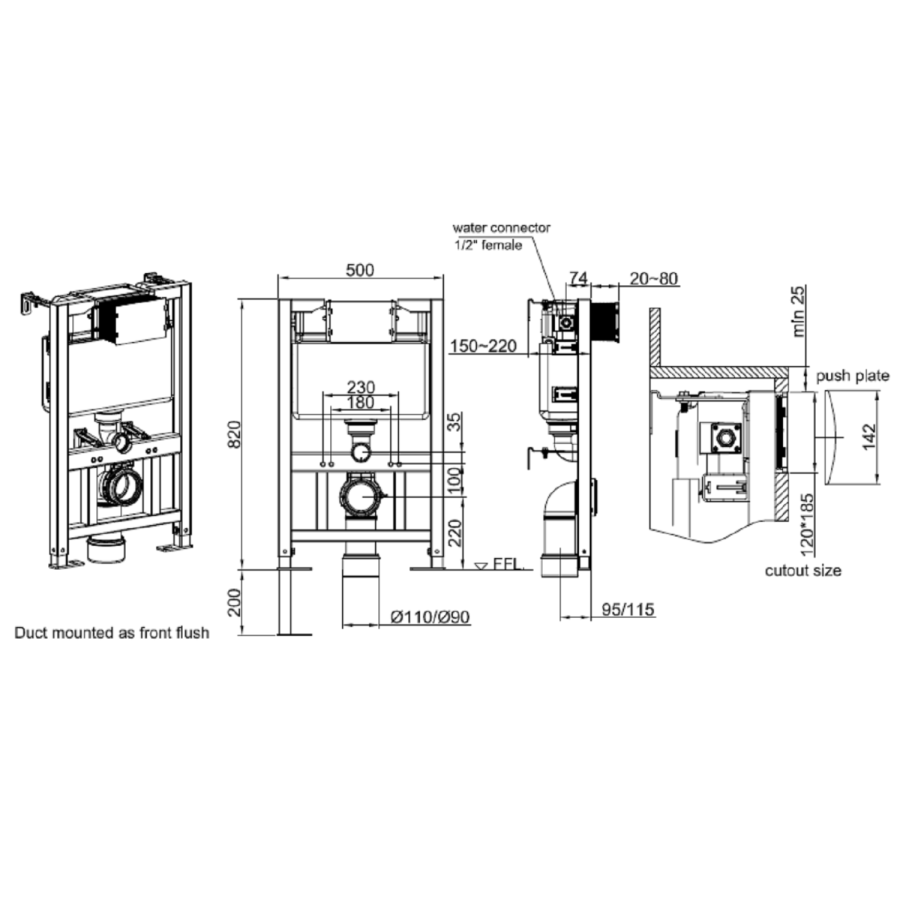 Wall Hung Toilet with Soft Close Seat, Pneumatic Brushed Brass Flush Plate, 1168mm Frame & Cistern - Albi