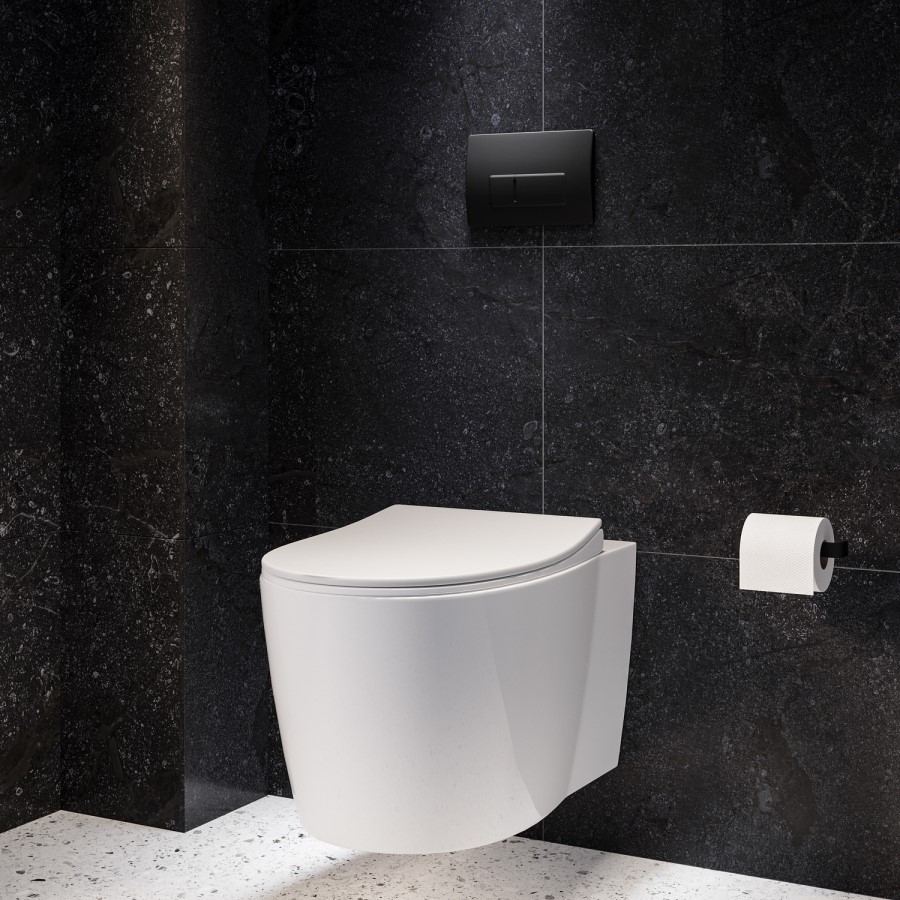 Wall Hung Rimless Toilet with Soft Close Seat, Matt Black Pneumatic Flush Plate, 1168mm Frame & Cistern – Alcor