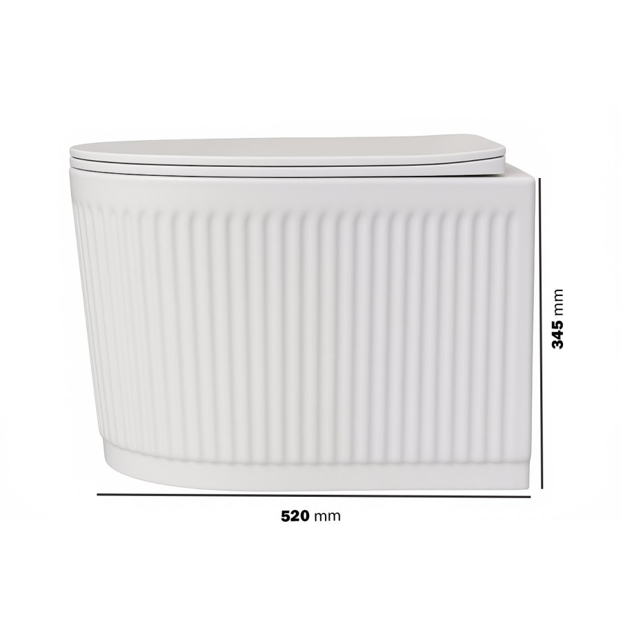 Fluted Wall Hung Rimless Toilet with Soft Close Seat, Chrome Pneumatic Flush Plate, 820mm Frame & Cistern – Oregon