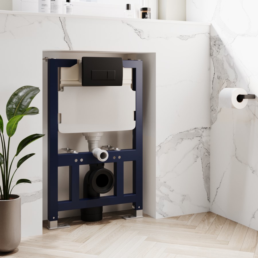 Matt Black Wall Hung Smart Bidet Japanese Toilet & 820mm Frame Cistern with Matt Black Pneumatic Flush Plate - Purificare