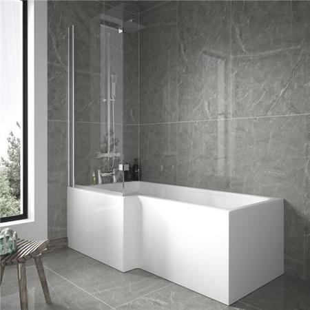 1700mm Left Hand L-Shaped Shower Bath with Fixed Bath Shower Screen with Towel Rail & Front Panel
