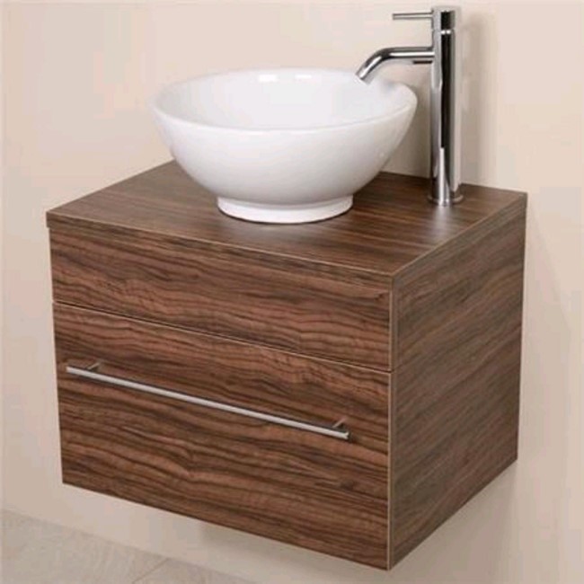 600mm Wall Hung Bathroom Cabinet & Pacific Basin - Walnut Single Drawer - Aspen Range