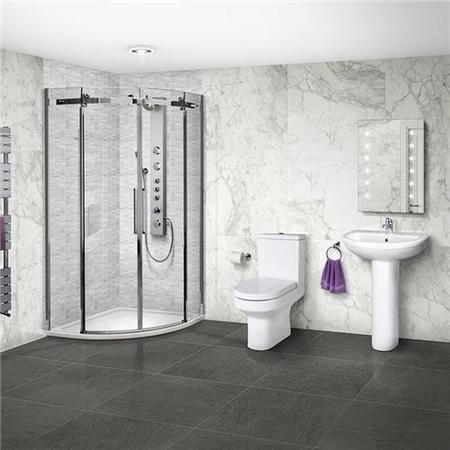 Aquafloe™ Elite ll 8mm 900 x 900 Frameless Sliding Door Quadrant Shower Enclosure w. Maine Toilet & Albury Basin Suite