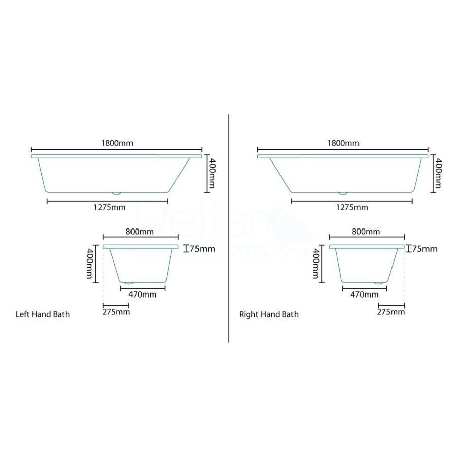 Tabor 1800 x 800 Airspa Bath-Single Bath Screen-Right hand bath
