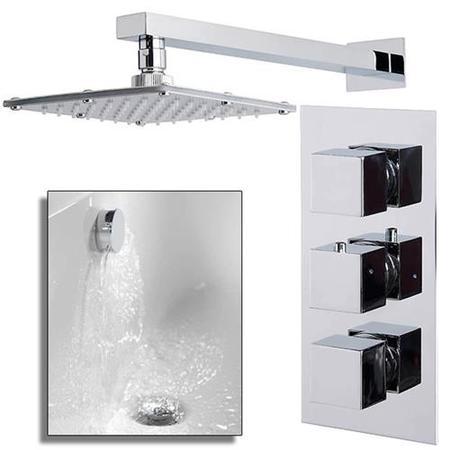 Cube Triple Valve with 175mm Square Shower Head, Wall Arm, Filler & Overflow