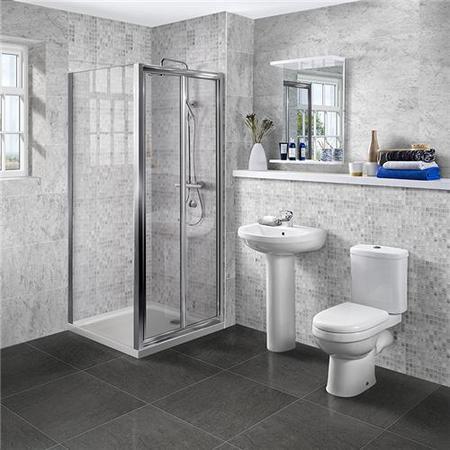 Aquafloe™ 6mm 900 Bi Fold Shower Door With 900 x 900 Shower Tray Albury Close Coupled Toilet & One Tap Hole Basin