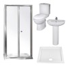 Aquafloe™ 6mm 900 Bi Fold Shower Door With 900 x 900 Shower Tray Albury Close Coupled Toilet &amp; One Tap Hole Basin
