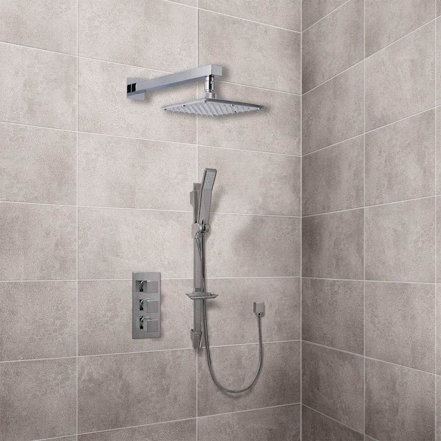 Quadro Slide Shower Rail Kit with Cube Triple Valve, 175mm Square Head & Wall Arm 