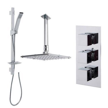 Quadro Slide Shower Rail Kit with Cube Triple Valve, 175mm Square Head & Ceiling Arm 