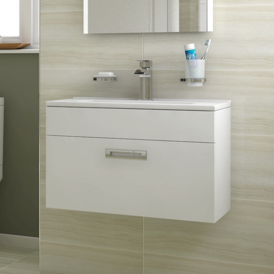 Aspen Compact 600mm White Wall Hung Vanity Basin Unit Single Drawer
