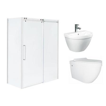 1200 x 800 Sliding Shower Enclosure - Left Handed 10mm Easy Clean Glass- Trinity Range  with Aurora Wall Hung Toilet and Basin