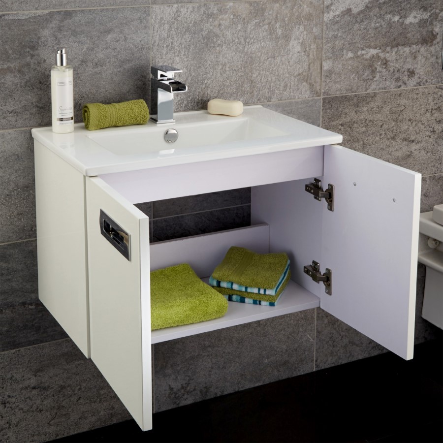 600mm Wall Hung Basin Vanity Unit - White Double Door - Aspen Range