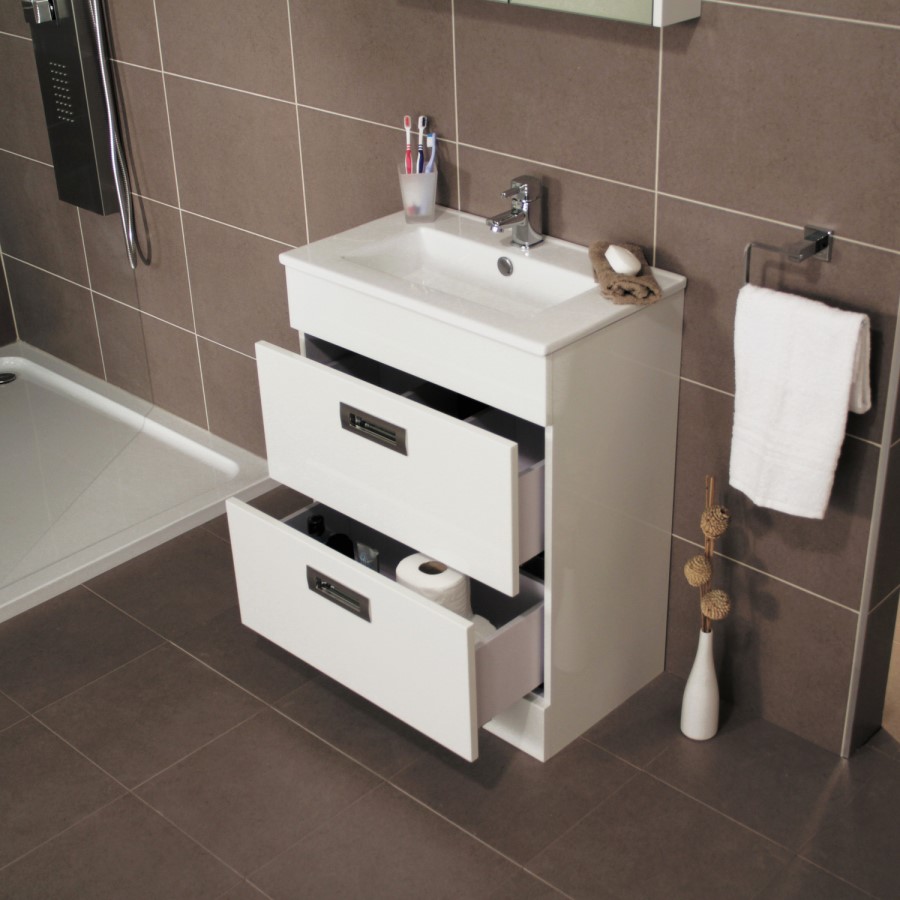 600mm Floor Standing Vanity Basin Unit - White Double Drawer - Aspen Range