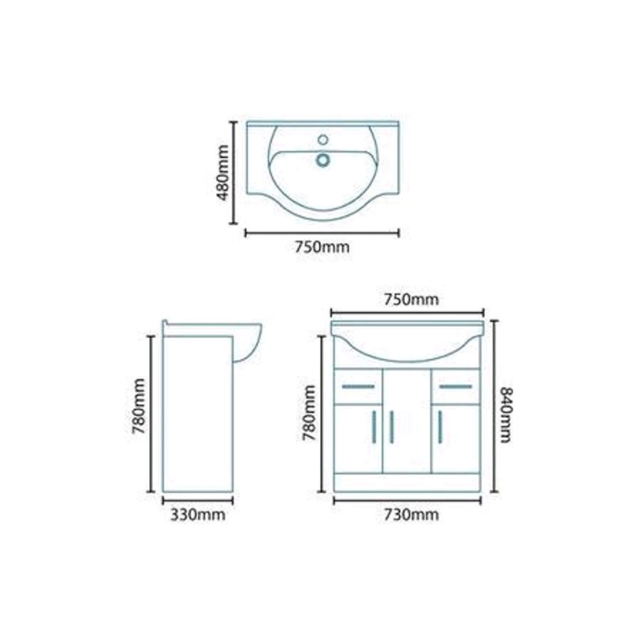 750mm White Vanity Basin Unit - Windsor Range