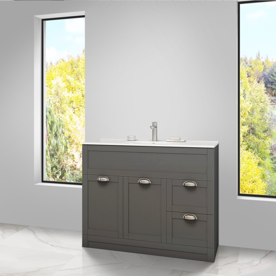 1000mm Floorstanding Vanity Basin Unit - Grey - Traditional Handle - Nottingham Range 