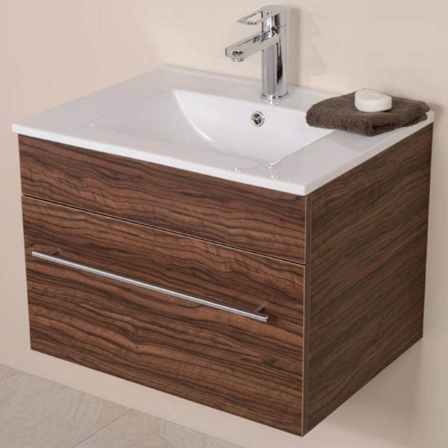 Aspen 600mm Wall Hung Vanity Unit - Walnut Single Drawer