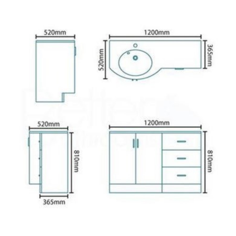 Bow Front Vanity Unit with Basin - Double Door & Drawers Black Worktop - Kirkwood Range