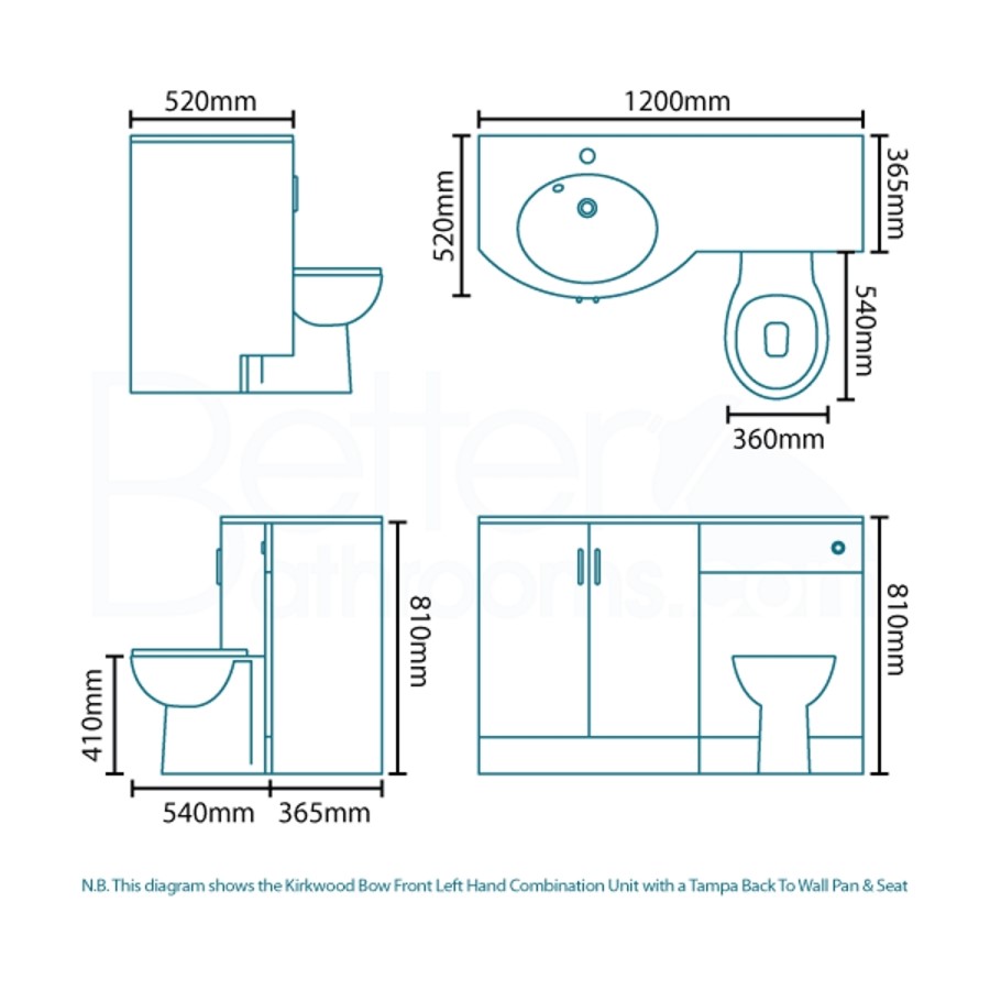 Kirkwood Left Hand Bow Front Combinatinon Unit with Santorini BTW Pan and Standard Seat