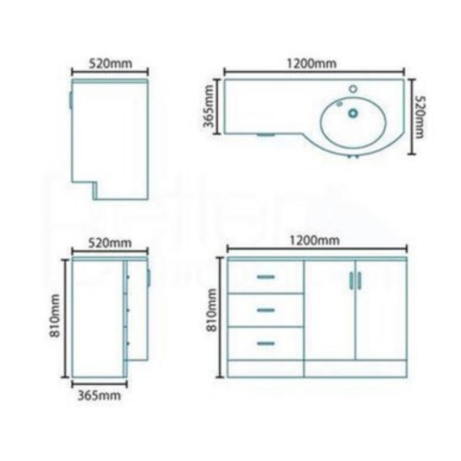 Bow Front Vanity Unit with Basin - Door & Drawers with Black Worktop - Kirkwood Range