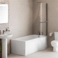 Modern Right Hand 1675 x 850 P-Shaped Shower Bath including Front Panel and 6mm Glass Curved Screen with Towel Rail