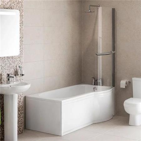 Modern Right Hand 1675 x 850 P-Shaped Shower Bath including Front Panel and 6mm Glass Curved Screen with Towel Rail