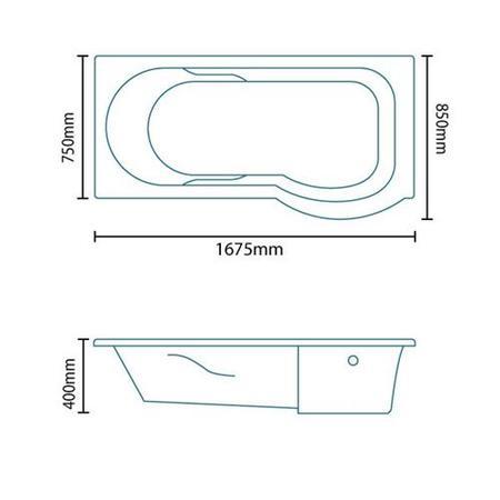 Modern Right Hand 1675 x 850 P-Shaped Shower Bath including Front Panel and 6mm Glass Curved Screen with Towel Rail