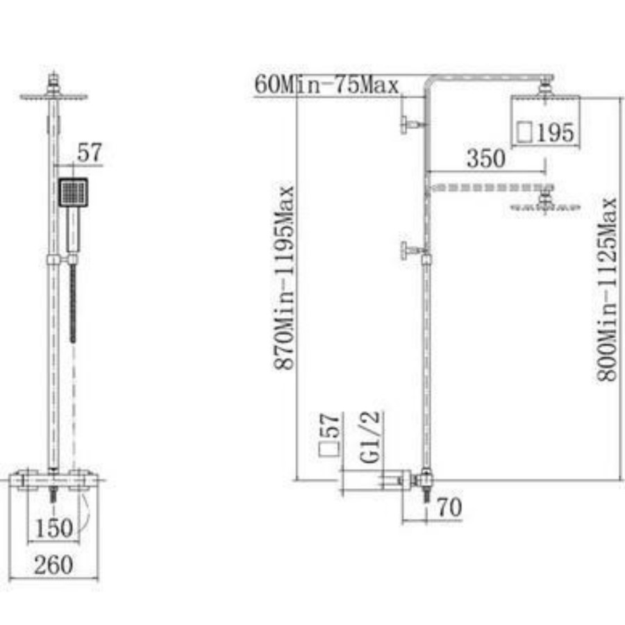 Deluxe Square Riser Slide Shower Rail Kit with Valve