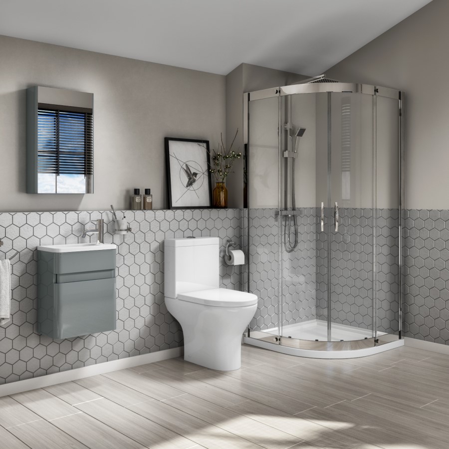 Aquafloe 900 Quad with Portland 410 Wall Hung Med Grey Vanity Unit & Portland Close Coupled