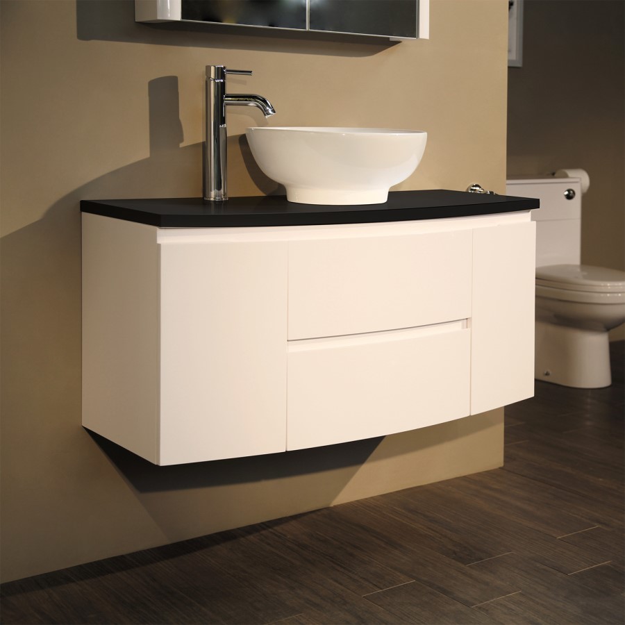 Voss 1010mm Wall Hung Vanity Unit with Oval Basin - Door & Drawer- Black Worktop